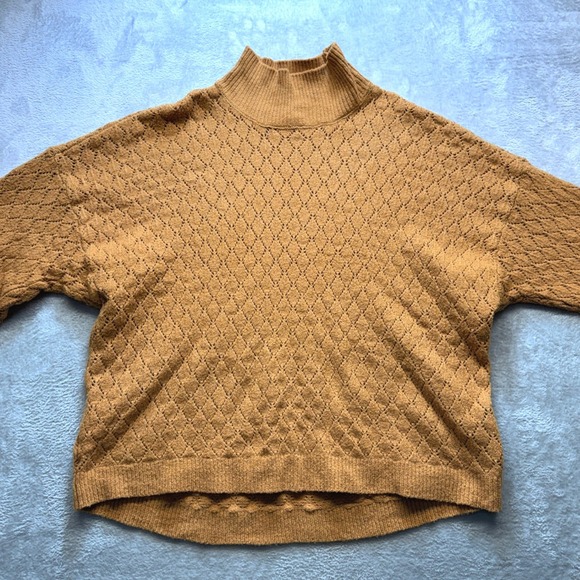 Wonderly Camel Brown Diamond Pointelle Mock Neck Lantern Sleeve Knit Sweater - Picture 2 of 13
